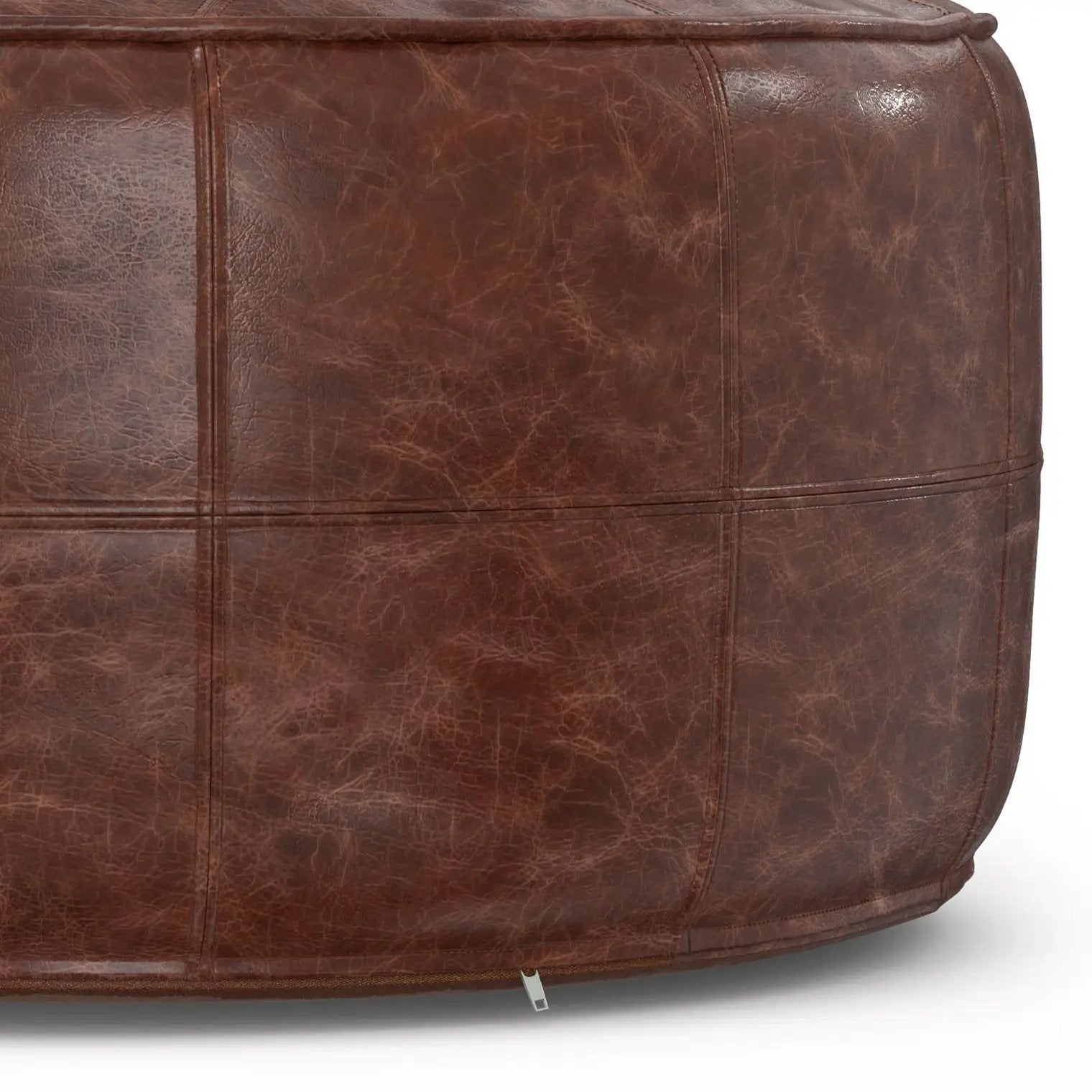 Connor Handcrafted Round Pouf brown leather with grid stitching by Unique Piece Furniture on Tampa Home & Garden Store