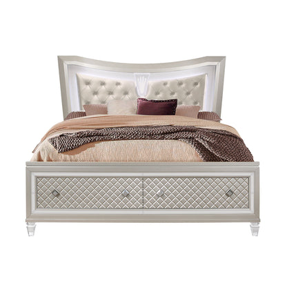 Pearl Silver Storage Bed with LED Headboard, tufted diamond upholstery, HouseOfZazla on Tampa Home & Garden Store