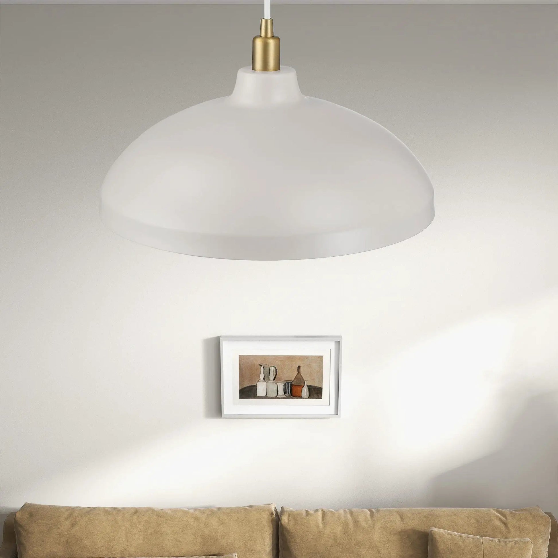 Astral single pendant lamp, white dome shade with gold brass top and white cord on Tampa Home & Garden Store