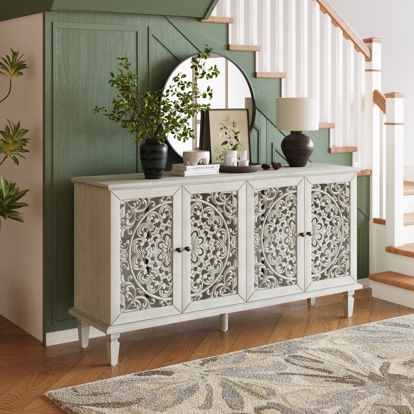 60in antique buffet cabinet with floral carvings, white ornate doors, solid wood legs on Tampa Home & Garden Store