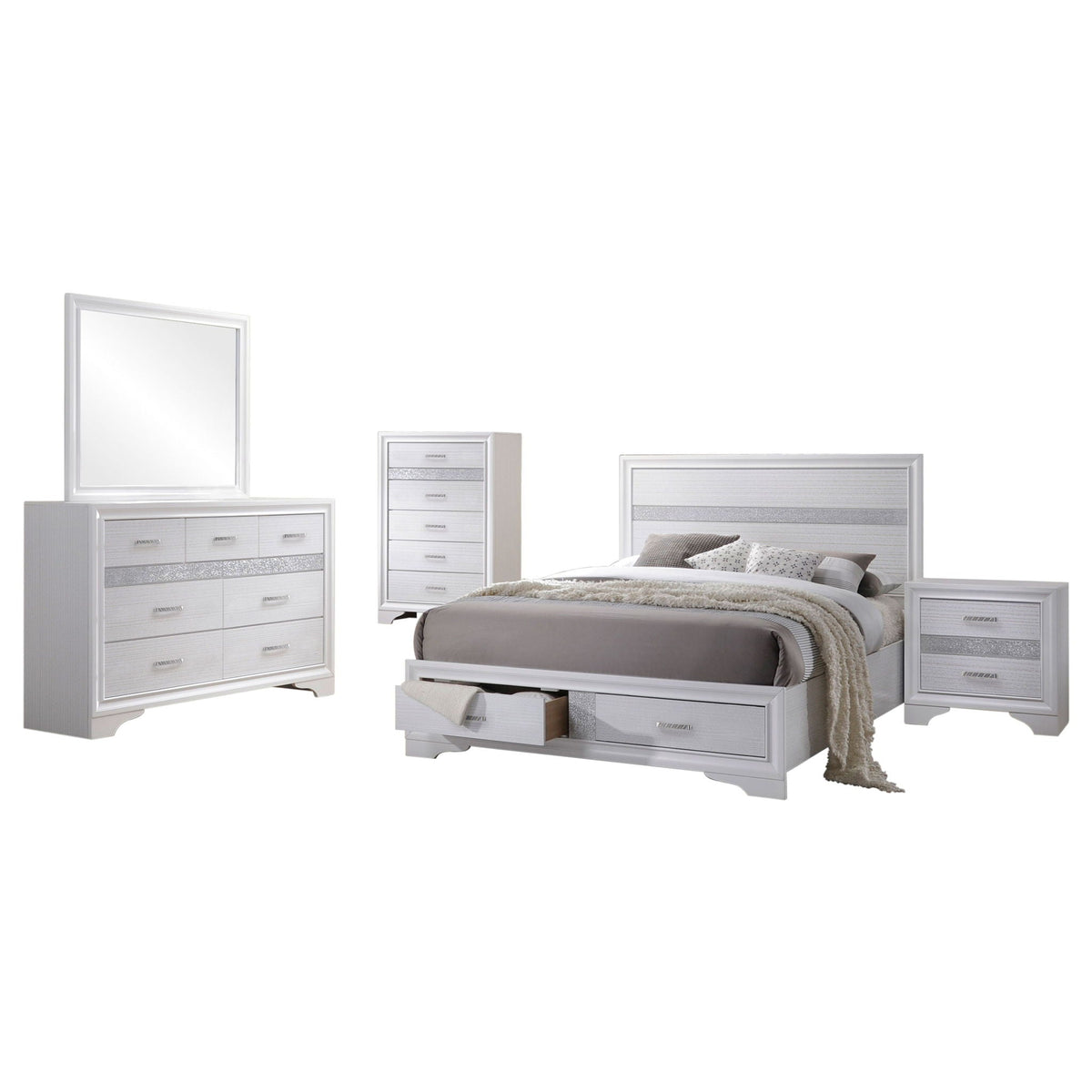 Corbin Glittering Bedroom Set by HouseOfZazla, white glam 4-piece with mirrored panels on Tampa Home & Garden Store