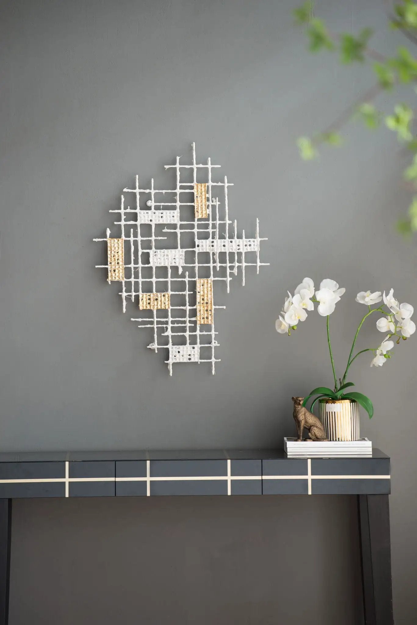 Wall Decor White and Gold Geometric Grid Art