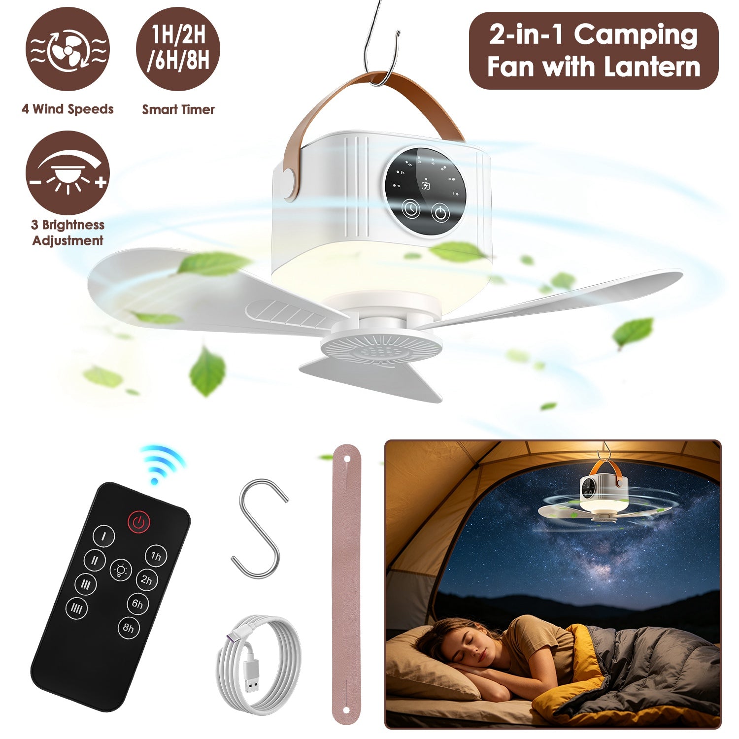GemGear rechargeable tent ceiling fan with LED light, white body, brown strap, remote on Tampa Home & Garden Store