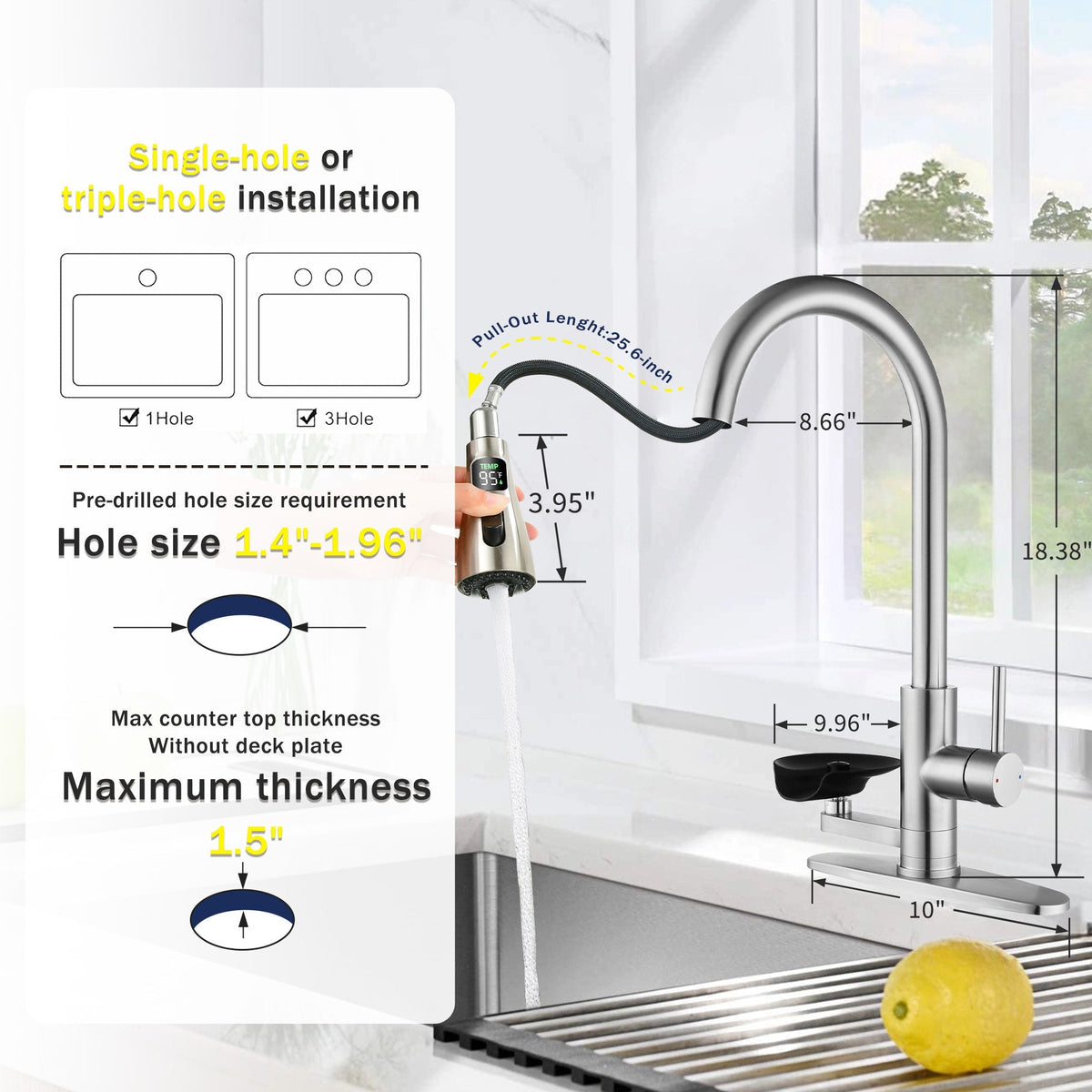 3-in-1 kitchen faucet HouseOfZazla brushed nickel LED display pull-down sprayer 3 spray modes on Tampa Home & Garden Store