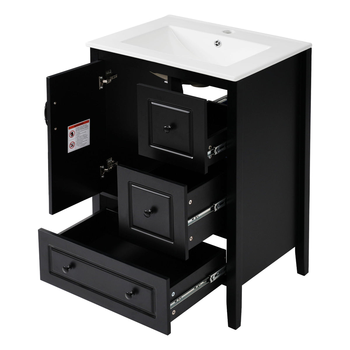 Retro vanity with white ceramic sink on black cabinet with soft-close drawers on Tampa Home & Garden Store