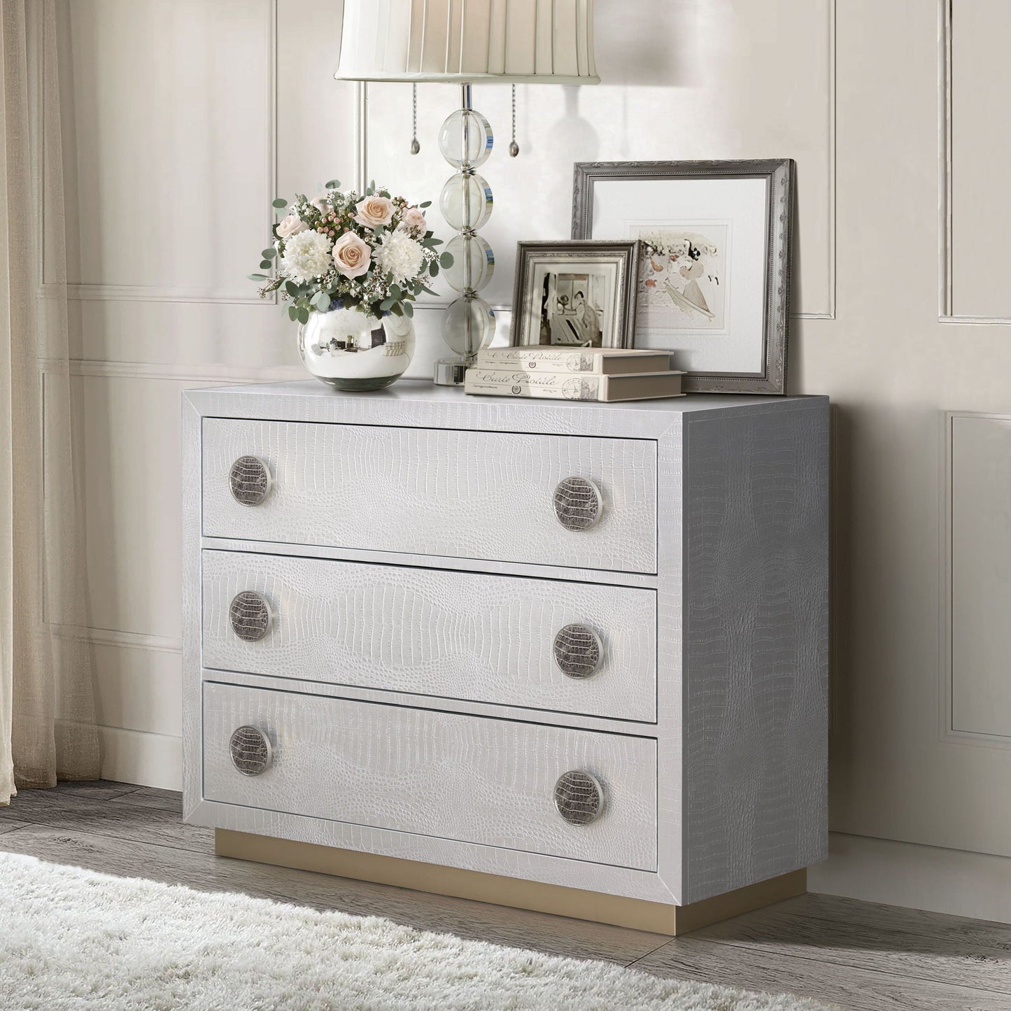 Anpu Faux Crocodile Skin Console Cabinet in silver with crocodile texture knobs, accent cabinet on Tampa Home & Garden Store