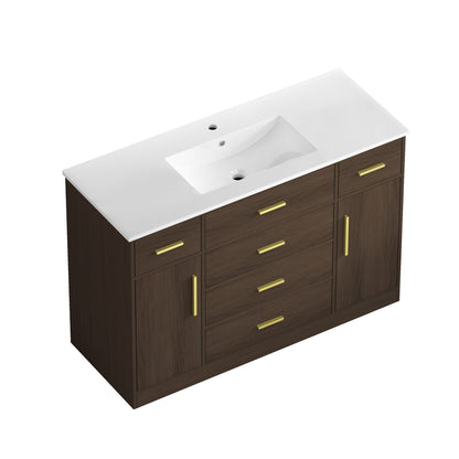 Bathroom vanity with soft-close drawers white countertop on brown wood cabinet HouseOfZazla on Tampa Home & Garden Store