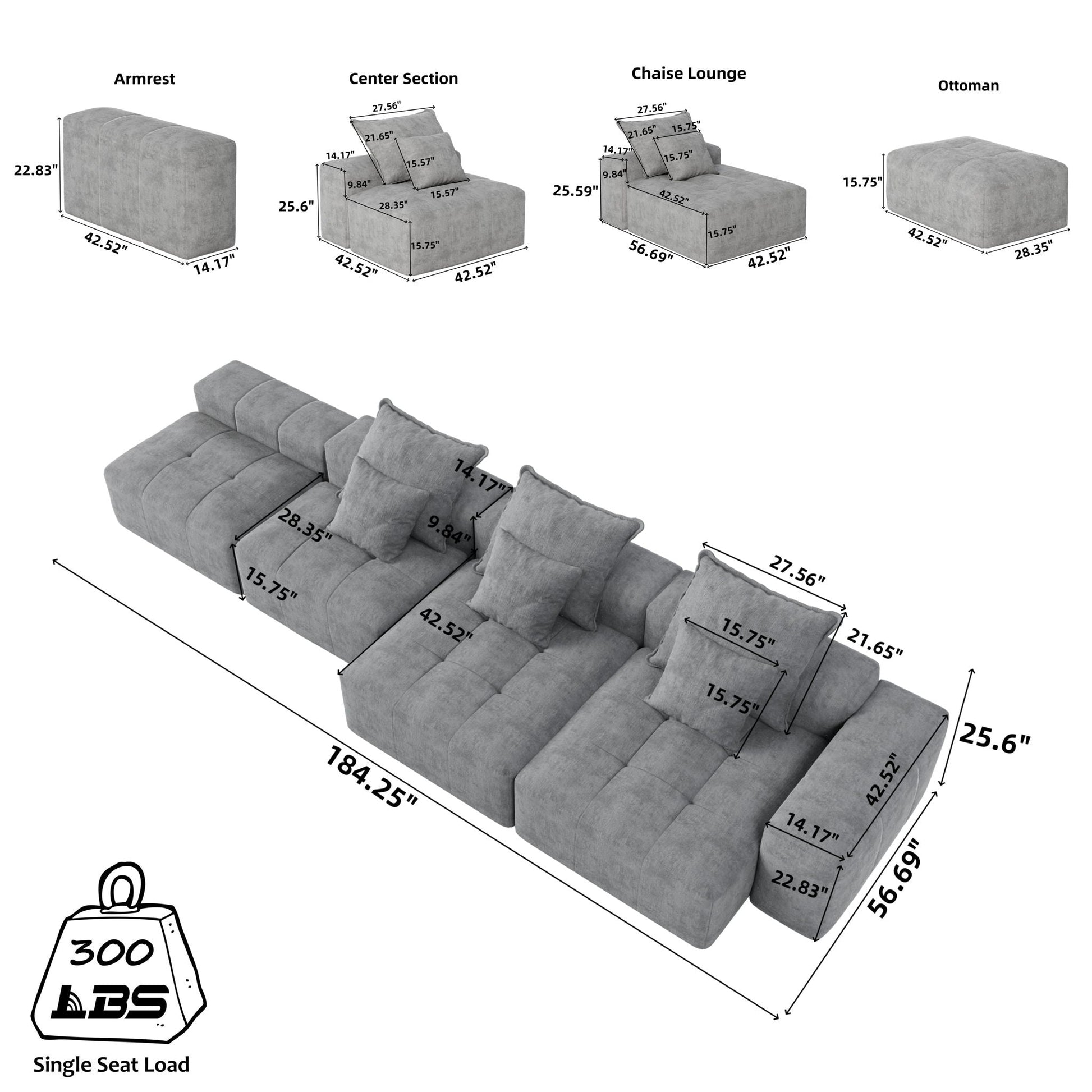 Modern oversized DIY modular sectional sofa with pillows; section, chaise and ottoman on Tampa Home & Garden Store