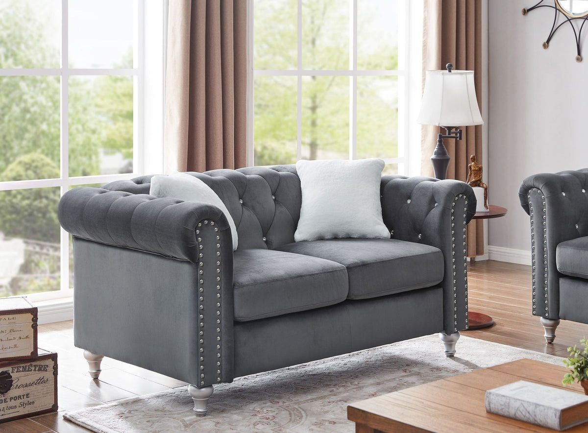 Contemporary Loveseat with Jeweled Tufted Design in grey velvet by HouseOfZazla on Tampa Home & Garden Store