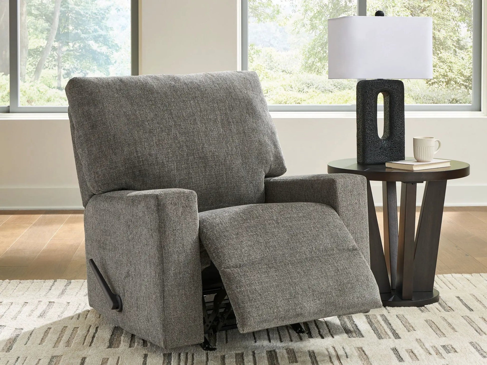 Clarington Rocker Recliner Greystone gray fabric by Unique Piece Furniture with dark frame on Tampa Home & Garden Store