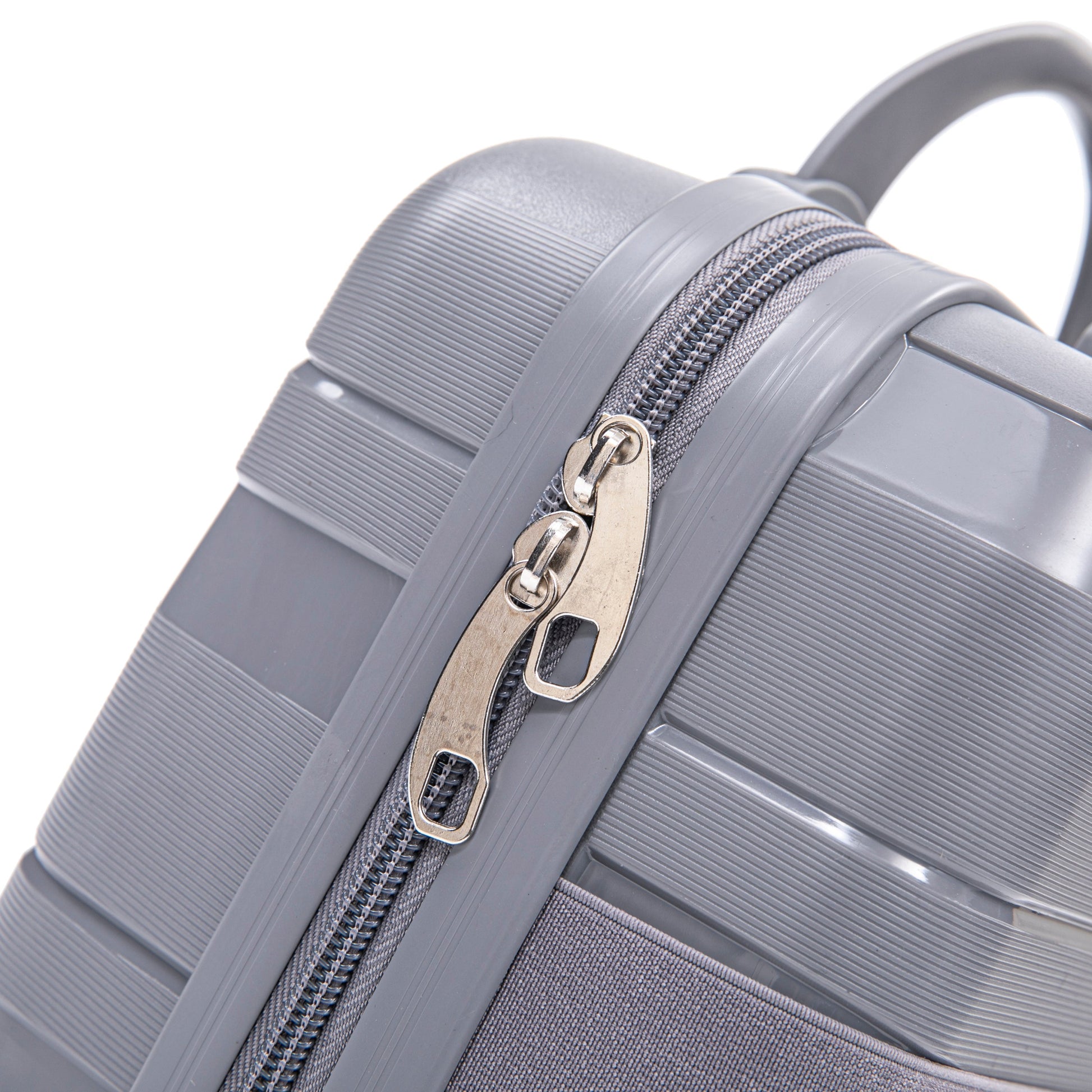4-Piece PP Spinner Wheel Luggage Set light gray close-up of textured shell & dual zippers on Tampa Home & Garden Store