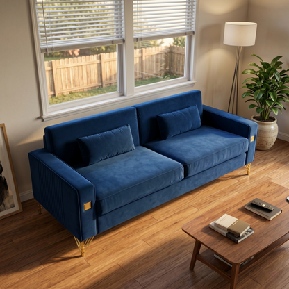 Luxury Velvet Sofa with Gold Accents blue velvet upholstery and gold-tone legs in a bright living room on Tampa Home & Garden Store
