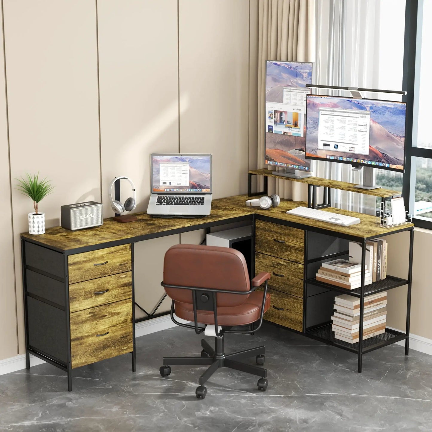 Industrial L-shaped desk with power hub in brown, 6 drawers and adjustable monitor stands on Tampa Home & Garden Store