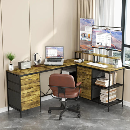 Industrial L-shaped desk with power hub in brown, 6 drawers and adjustable monitor stands on Tampa Home & Garden Store