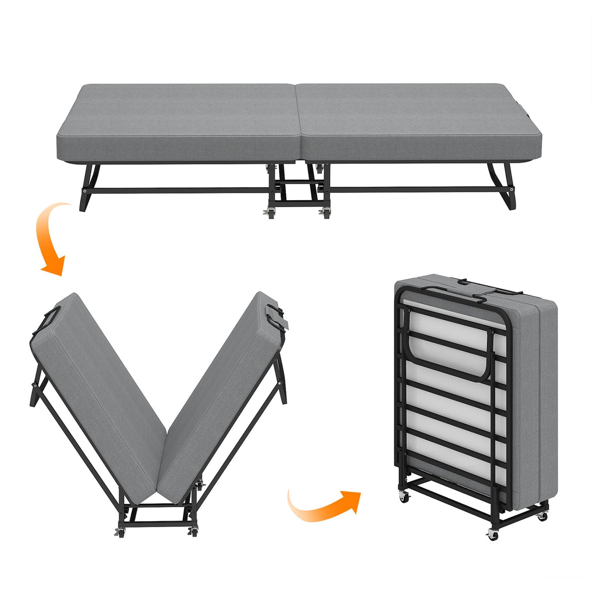 75-inch folding bed with memory foam mattress, gray fabric, black wheeled frame by HouseOfZazla on Tampa Home & Garden Store