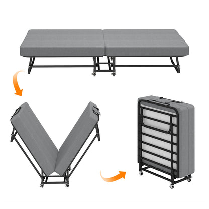 75-inch folding bed with memory foam mattress, gray fabric, black wheeled frame by HouseOfZazla on Tampa Home & Garden Store