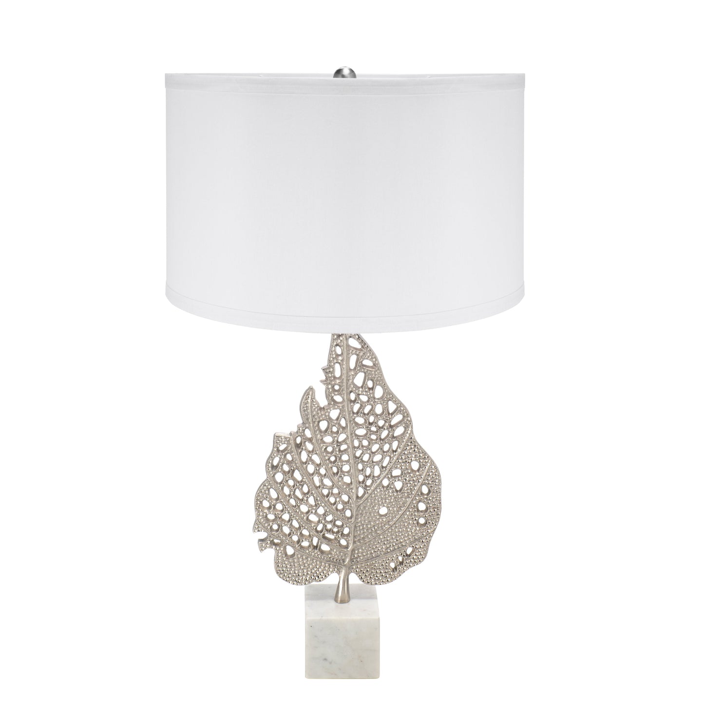 Table lamp by HouseOfZazla with white shade and silver leaf sculpture on marble pedestal on Tampa Home & Garden Store