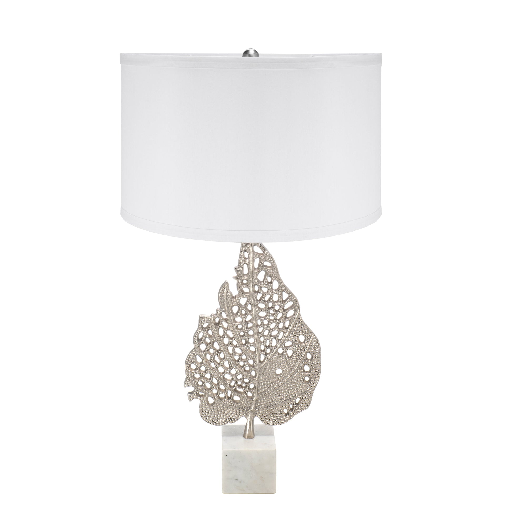 Table lamp by HouseOfZazla with white shade and silver leaf sculpture on marble pedestal on Tampa Home & Garden Store
