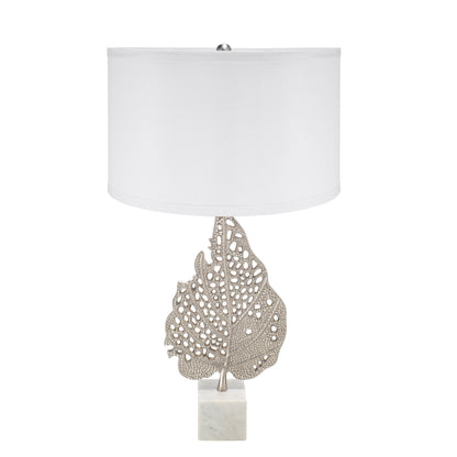 Table lamp by HouseOfZazla with white shade and silver leaf sculpture on marble pedestal on Tampa Home & Garden Store