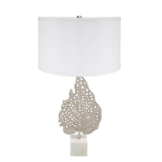 Table lamp by HouseOfZazla with white shade and silver leaf sculpture on marble pedestal on Tampa Home & Garden Store