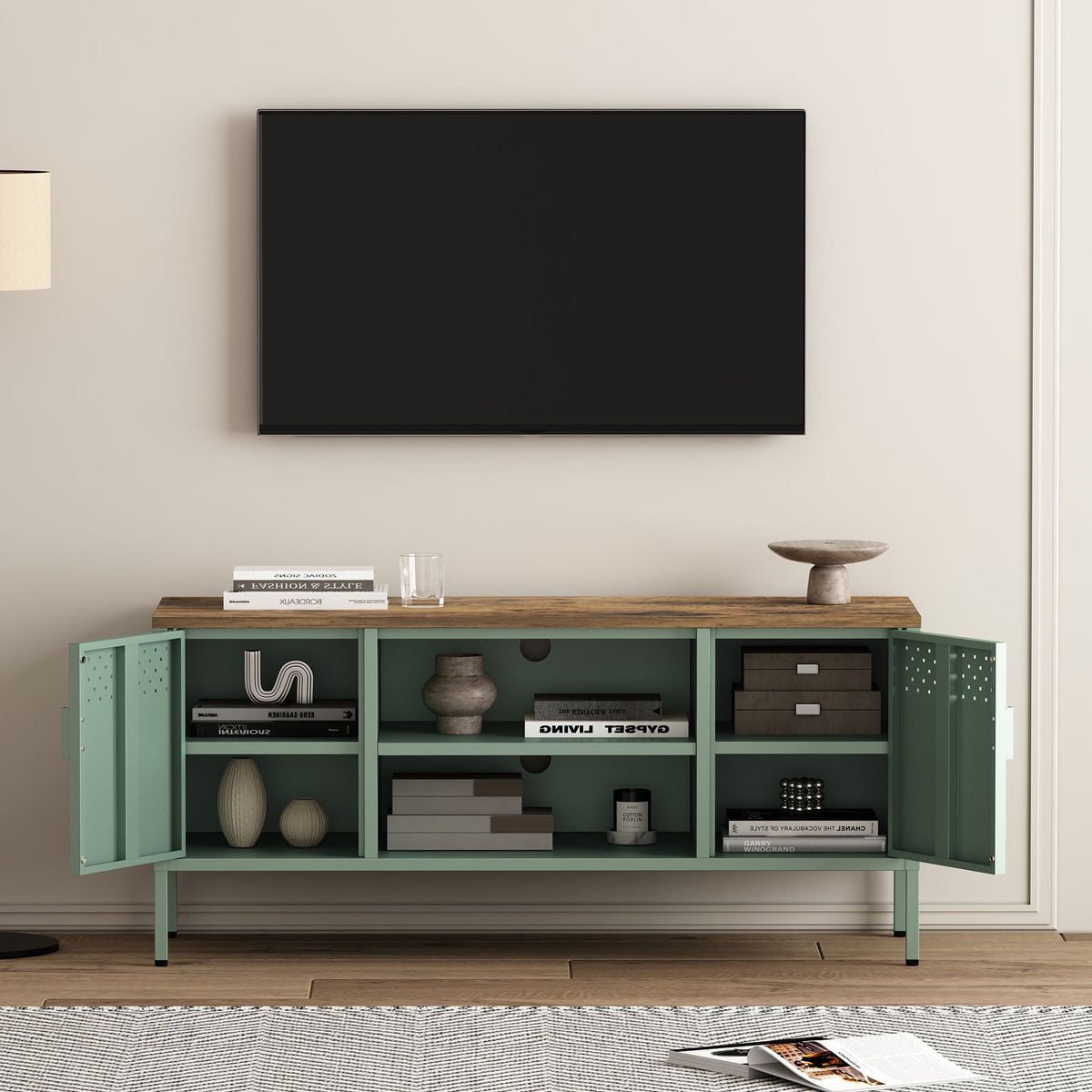 Storage cabinet TV stand with steel frame in green, wooden top, dual cabinets and open shelves on Tampa Home & Garden Store