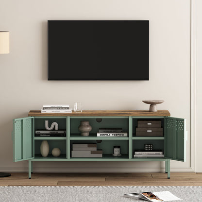 Storage cabinet TV stand with steel frame in green, wooden top, dual cabinets and open shelves on Tampa Home & Garden Store