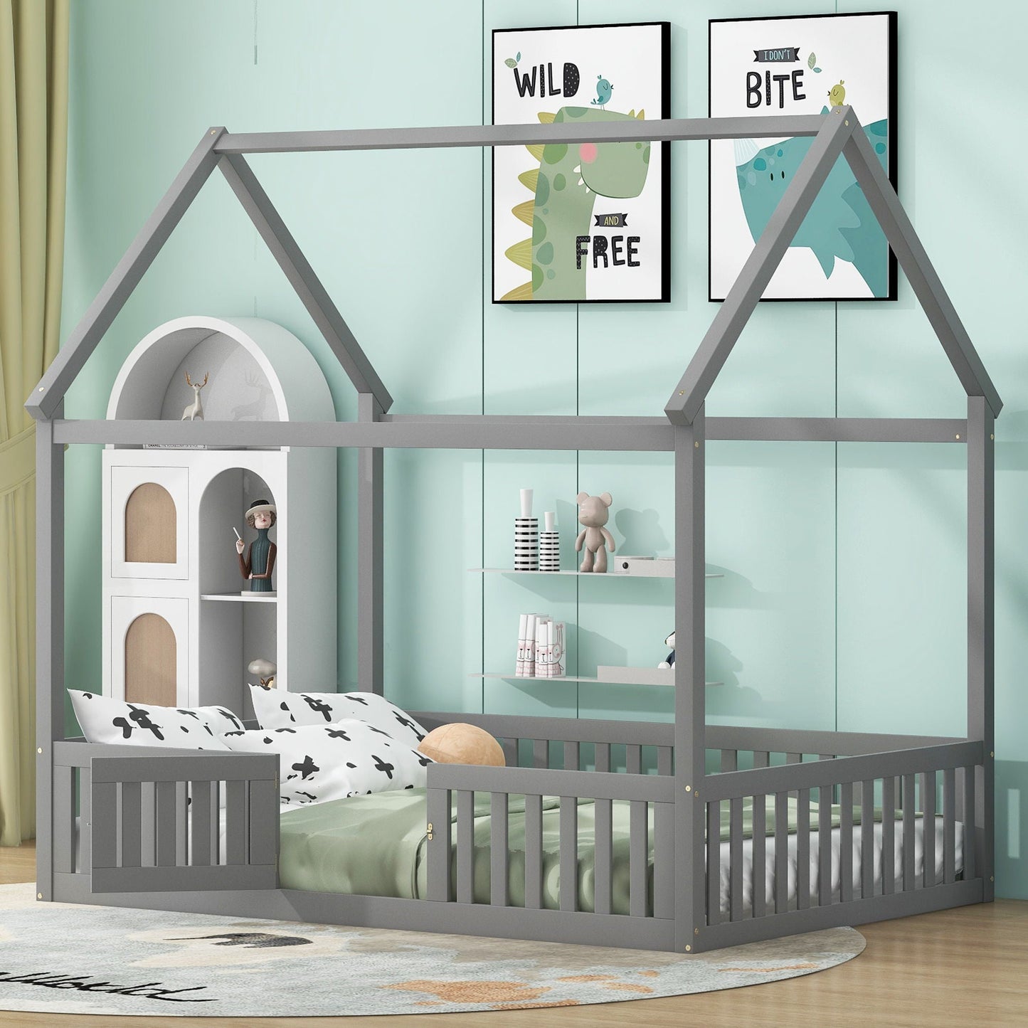 Wood House Bed With Fence And Door, grey platform bed frame by HouseOfZazla on Tampa Home & Garden Store