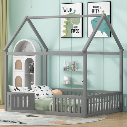 Wood House Bed With Fence And Door, grey platform bed frame by HouseOfZazla on Tampa Home & Garden Store