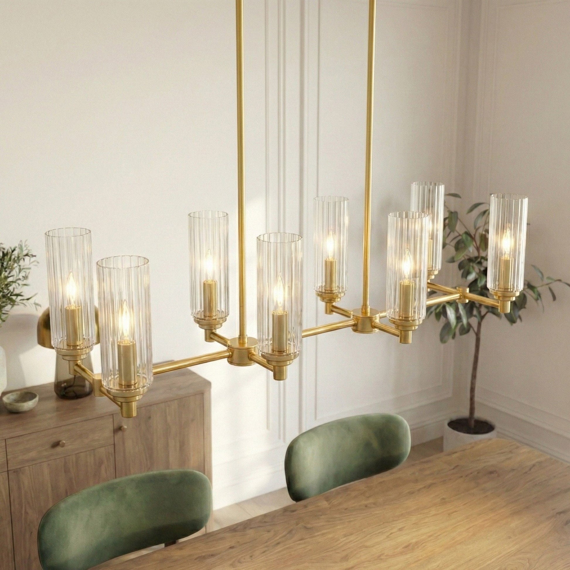 Willow 8-light pendant chandelier with antique brass frame and clear ribbed glass shades on Tampa Home & Garden Store