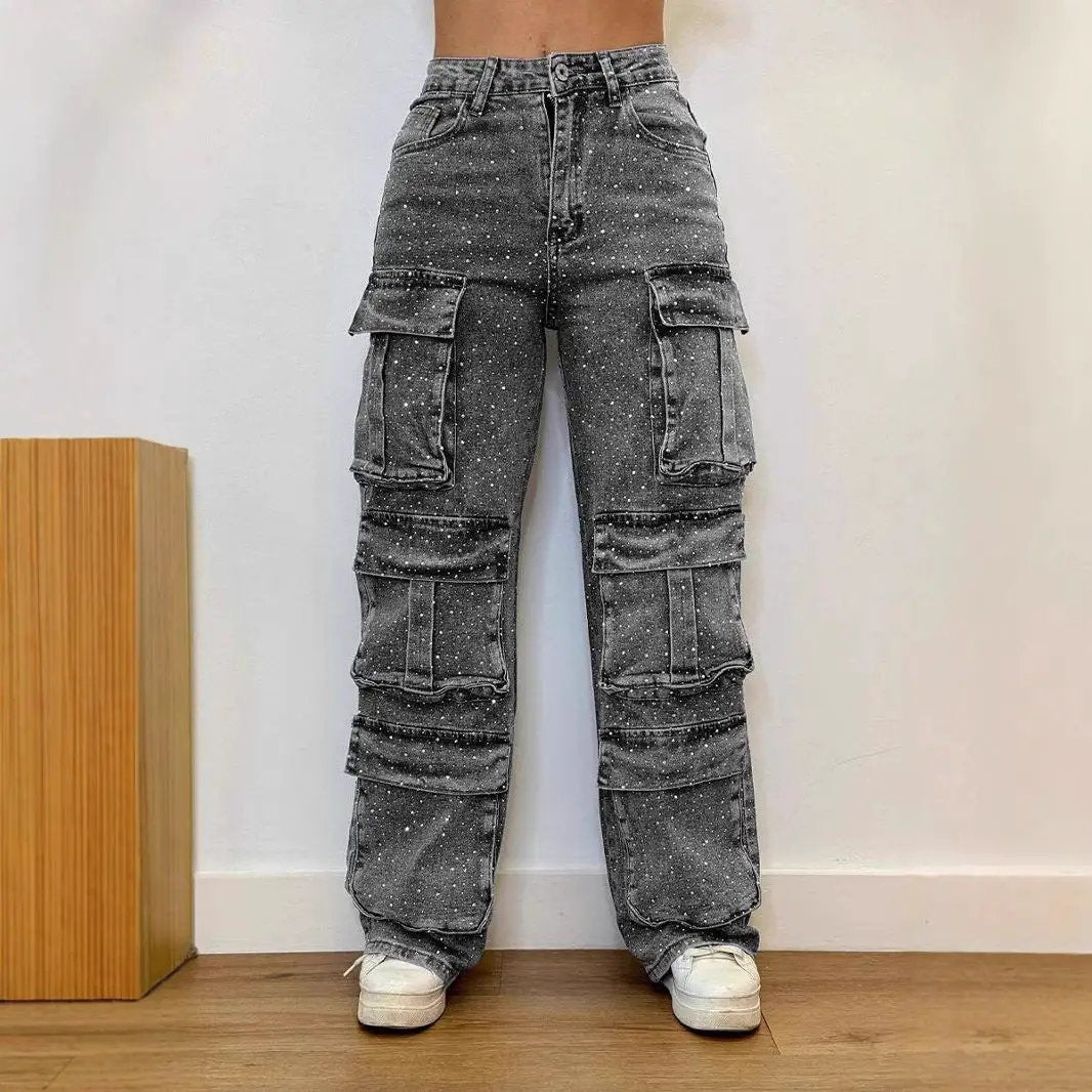 Women's cargo denim jeans with multiple pockets in gray speckle wash FLIPSTYLEZLLC on Tampa Home & Garden Store