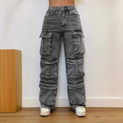 Women's cargo denim jeans with multiple pockets in gray speckle wash FLIPSTYLEZLLC on Tampa Home & Garden Store
