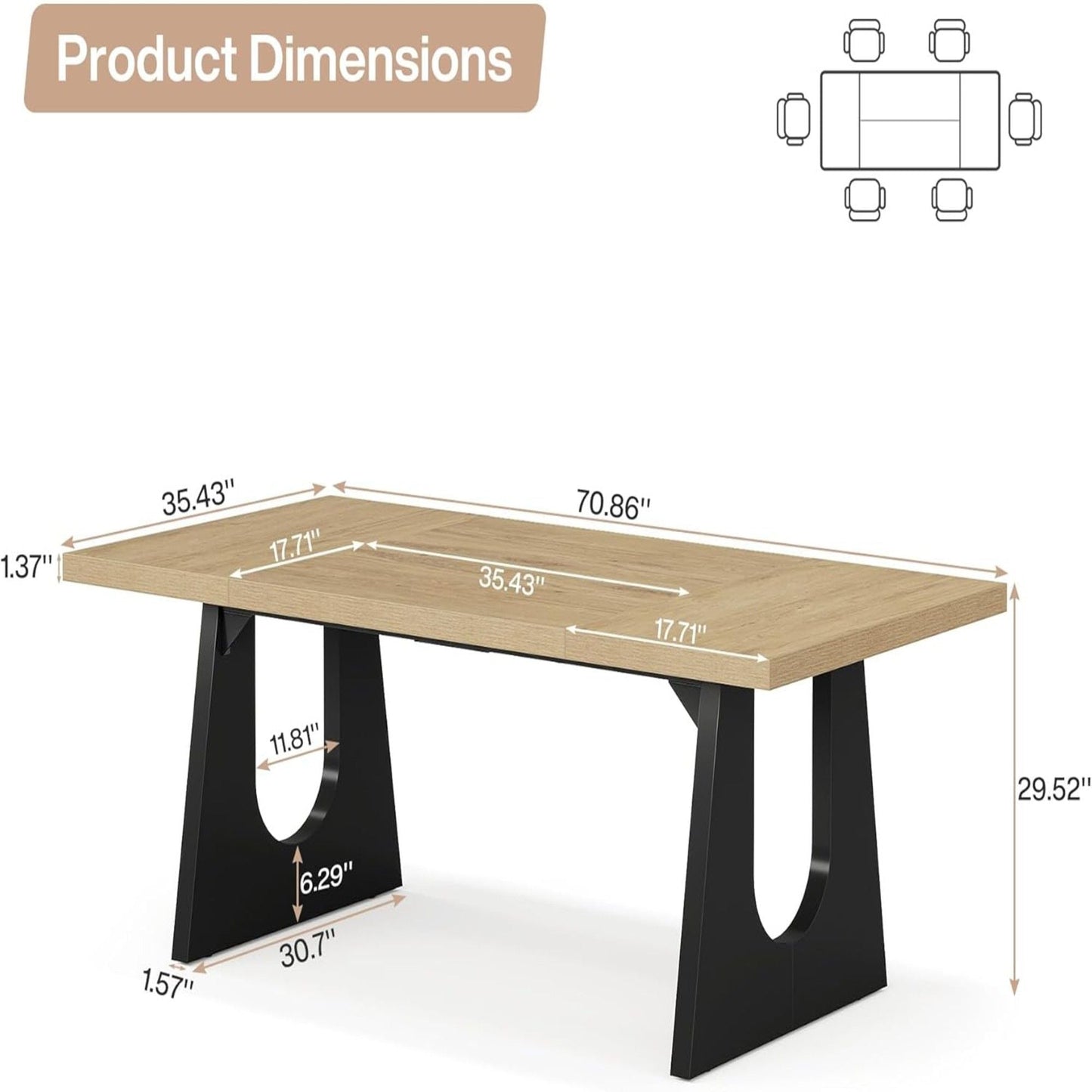 HouseOfZazla rectangular dining table with wood top and black legs 70.86in L x 35.43in W on Tampa Home & Garden Store