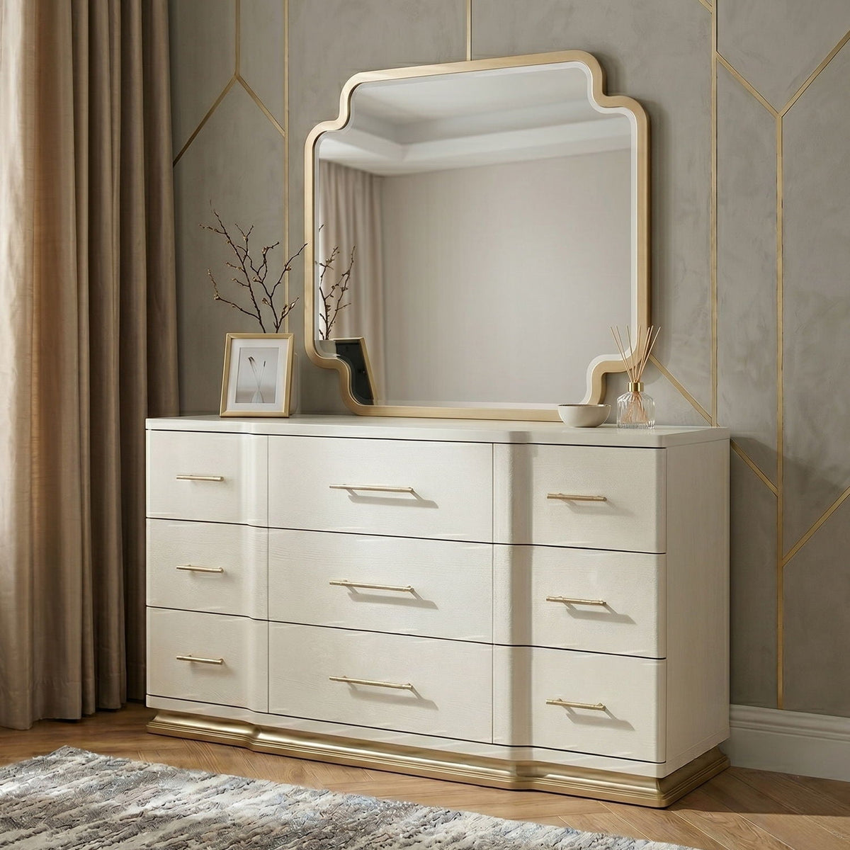 Lexington Bedroom Mirror beige with gold trim, wall mirror by HouseOfZazla on Tampa Home & Garden Store