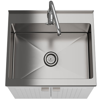 White laundry cabinet with stainless steel sink and chrome faucet on Tampa Home & Garden Store