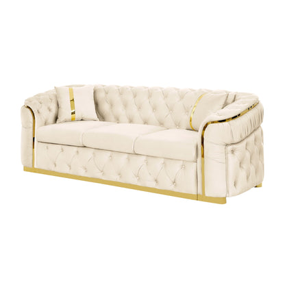 Button tufted 3-seater sofa in ivory faux leather with gold trim and 2 pillows by HouseOfZazla on Tampa Home & Garden Store