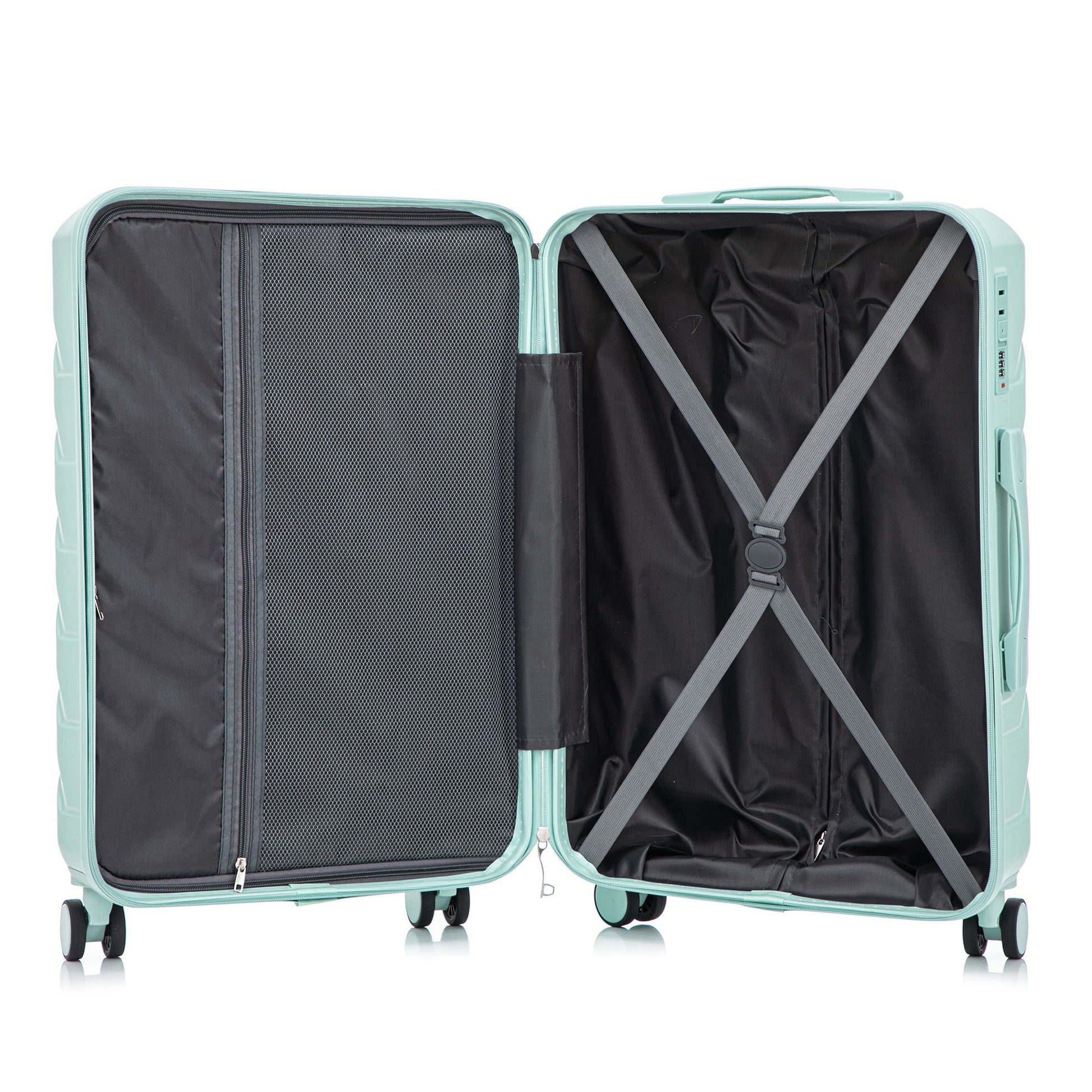 3-Piece Spinner Luggage Set mint green exterior with mesh divider and cross-strap interior on Tampa Home & Garden Store