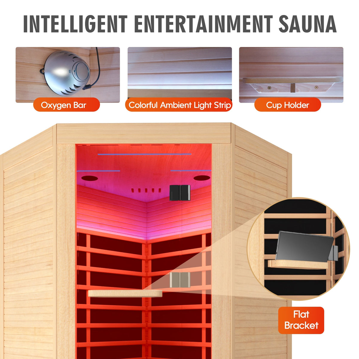 Canadian Hemlock Double Sauna Bluetooth LED lights graphite Oxygen Bar, Cup Holder on Tampa Home & Garden Store