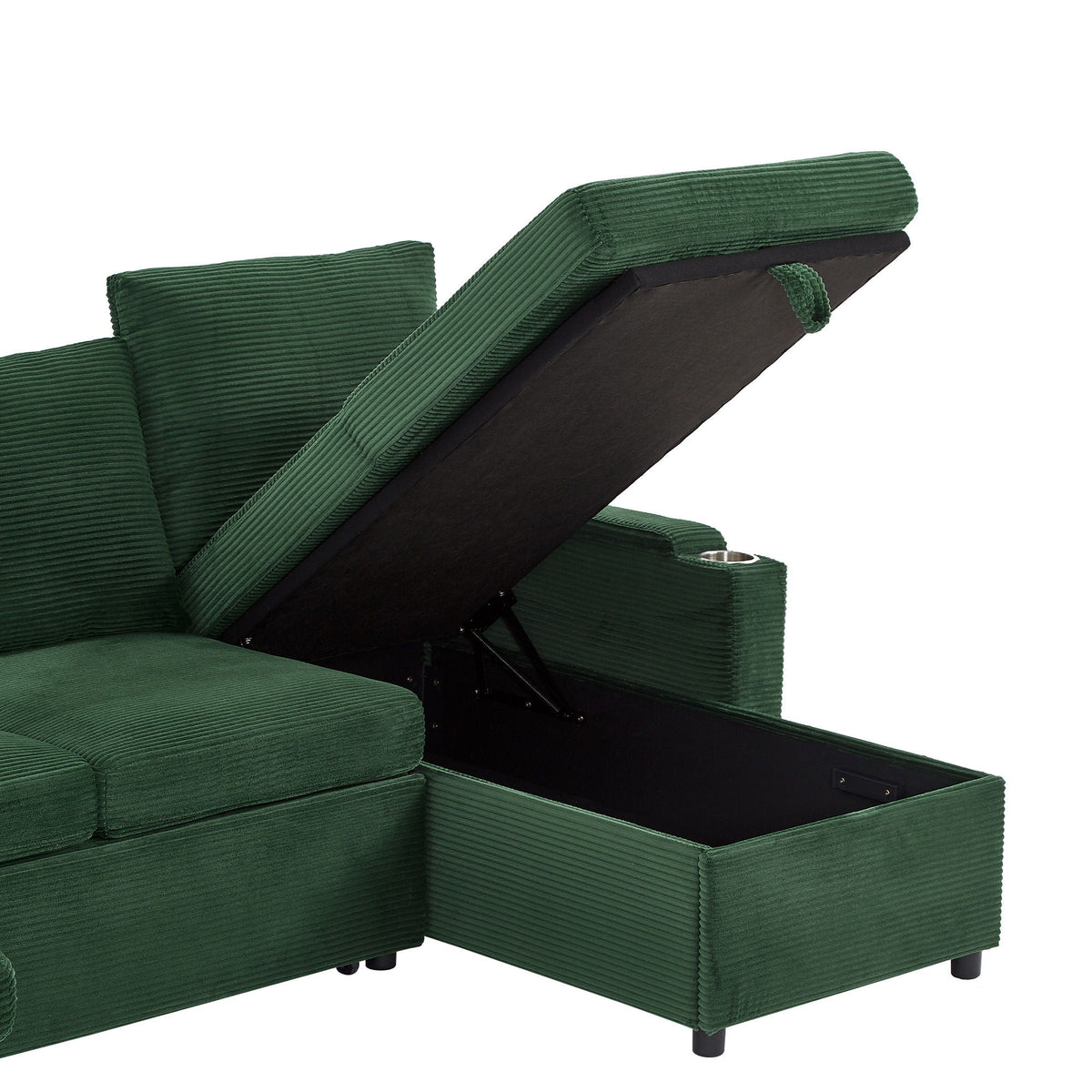 U-shaped sleeper sectional sofa bed with green cord fabric, storage chaise, USB ports, cup holders on Tampa Home & Garden Store