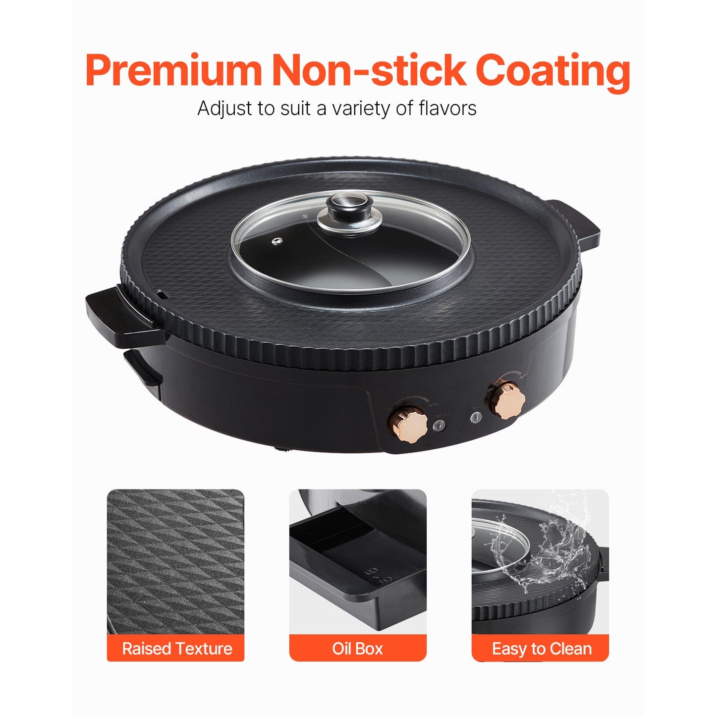 Hot Pot with Grill 1800W 2-in-1 electric smokeless grill black with glass lid and copper knobs on Tampa Home & Garden Store