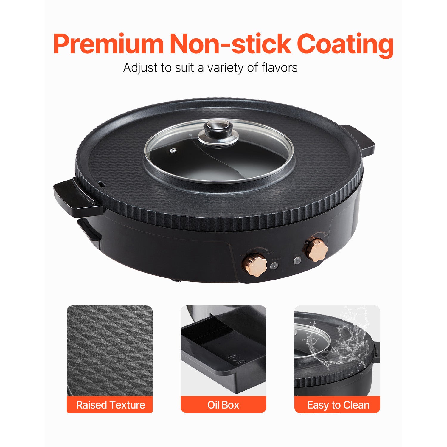Hot Pot with Grill 1800W 2-in-1 electric smokeless grill black with glass lid and copper knobs on Tampa Home & Garden Store