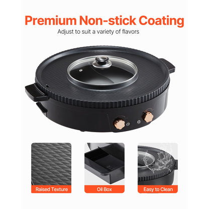 Hot Pot with Grill 1800W 2-in-1 electric smokeless grill black with glass lid and copper knobs on Tampa Home & Garden Store