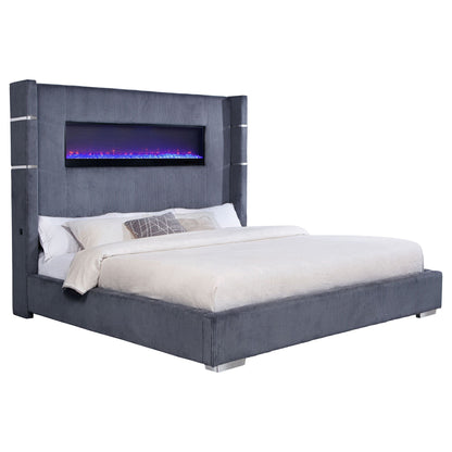 Judah Flame Visualizer Bed upholstered in bluegray corduroy with fireplace on Tampa Home & Garden Store