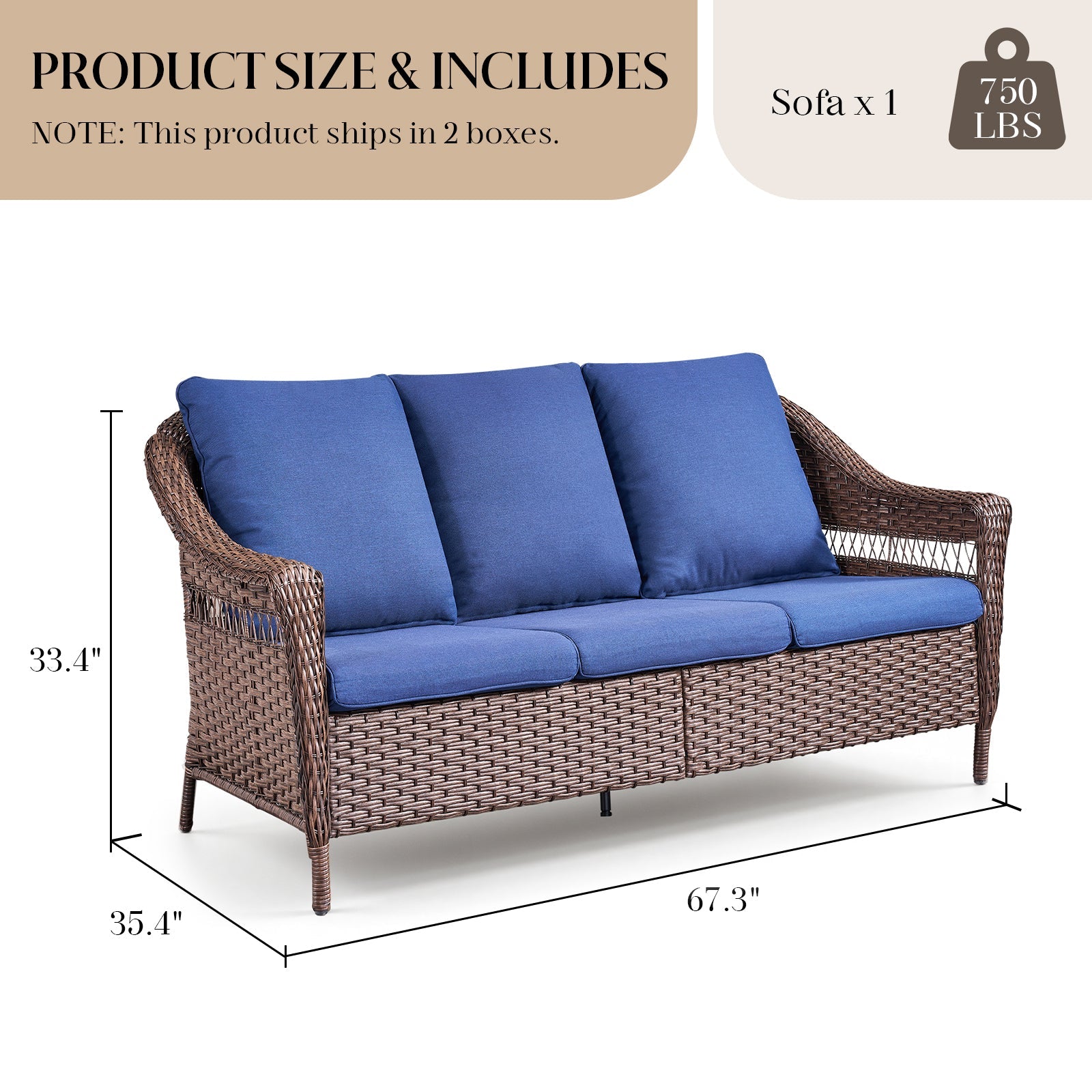67.3-in Outdoor Wicker Patio Sofa by HouseOfZazla with blue cushions on Tampa Home & Garden Store