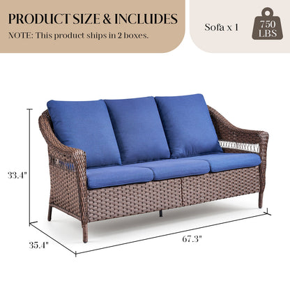 67.3-in Outdoor Wicker Patio Sofa by HouseOfZazla with blue cushions on Tampa Home & Garden Store