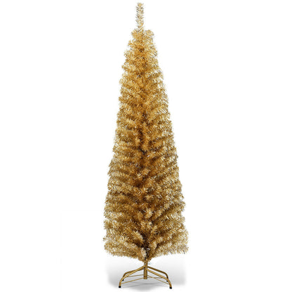 6 Feet Tinsel Tree Unlit Slim Pencil Christmas Tree gold tinsel on gold metal stand on Tampa Home & Garden Store