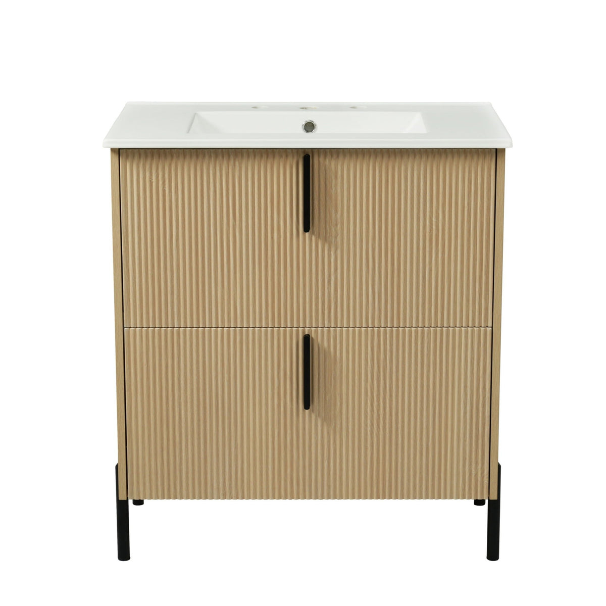 Bathroom vanity with ceramic sink and fluted light brown wood cabinet by HouseOfZazla on Tampa Home & Garden Store