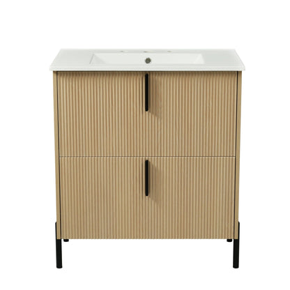 Bathroom vanity with ceramic sink and fluted light brown wood cabinet by HouseOfZazla on Tampa Home & Garden Store
