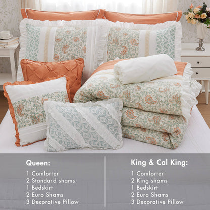 9 Piece Cotton Percale Comforter Set Coral King Size by HouseOfZazla with teal floral accents on Tampa Home & Garden Store
