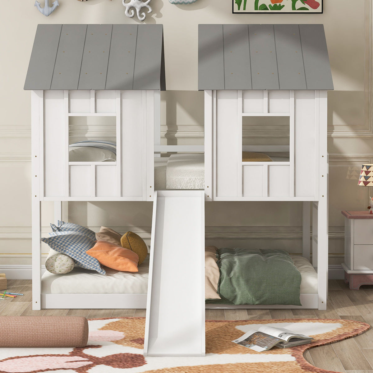 Twin over twin house bunk beds in white and gray with roof panels and ladders on each bunk on Tampa Home & Garden Store