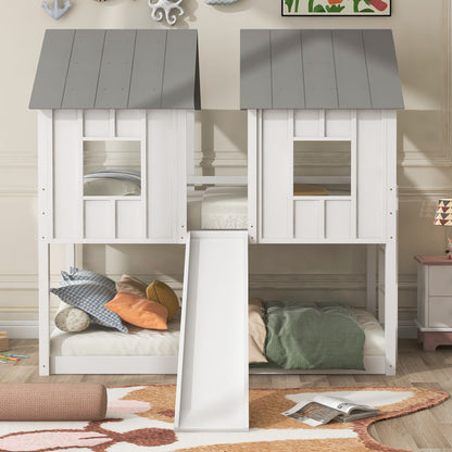 Twin over twin house bunk beds in white and gray with roof panels and ladders on each bunk on Tampa Home & Garden Store